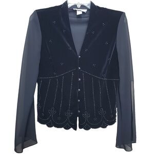 J.R. Nites by Caliendo Black Velvet Beaded Mesh Sleeve Beveled Button-Up Top 14